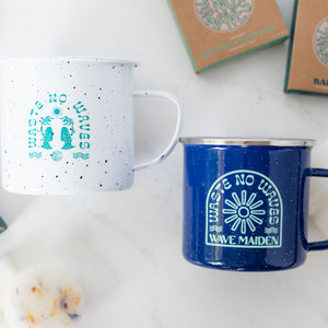 Independent surf brand metal campfire mug with organic surfboard wax